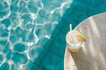 Poster - top view of a Ivory drink on the corner of a pool, beautiful vacation background