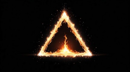 Wall Mural - abstract triangle of white glowing light particles with fire flame on plain black background