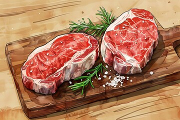 Sticker - Two Raw Porterhouse Steaks with Fresh Herbs: A banner showcasing two raw porterhouse steaks, surrounded by fresh herbs