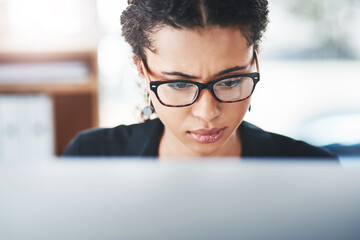 Poster - Thinking, worry and business woman with laptop in office confused by report, feedback or review. Questions, unsure and girl manager with reading glasses for online, glitch or concerned by 404 error