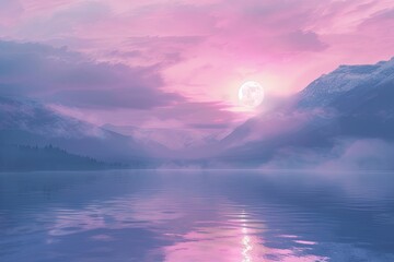 Sticker - vibrant, real life scenario, minimalist nature background, monochromatic sea, surreal clouds, pink sunset over the lake, minimalist moon, hazy mountains