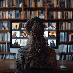 Poster - focused student studying in cozy home library amid shelves of books
