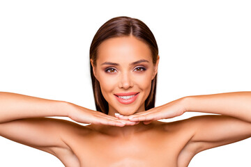 Wall Mural - close up portrait of charming lovely cute sweet gorgeous lady with her naked shoulders look at camer