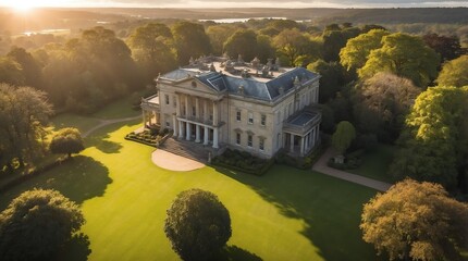 Wall Mural - aerial view of mansion house with dramatic sun lighting and a tree