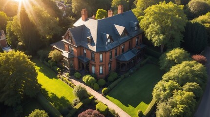 Wall Mural - aerial view of victorian house with dramatic sun lighting and a tree
