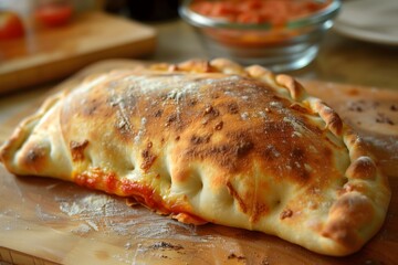 Wall Mural - A freshly baked calzone, showcasing its golden, crispy crust with hints of melted cheese and tomato sauce peeking out from the seams