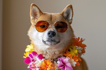 Wall Mural - Shiba Inu in Summer-Vibes Sunglasses and Hawaiian Lei