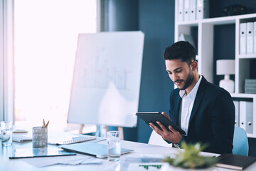 Aufkleber - Tablet, research and business man scroll for reading email statistics, chart or online analysis in office. Digital technology, data analyst and typing for planning project, information and erp report