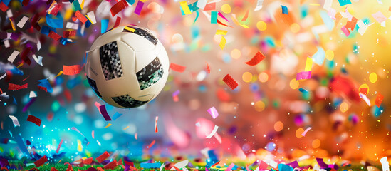 Wall Mural - Soccer ball and colorful confetti explosion concept banner background