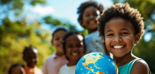 Happy African children holding a planet earth globe outdoors