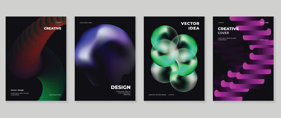 Abstract gradient poster background vector set. Minimalist style cover template with vibrant perspective 3d geometric prism shapes collection. Ideal design for social media, cover, banner, flyer.