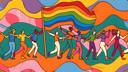 Wall Mural - pride people holding a rainbow flag and celebrating freedom vector illustration