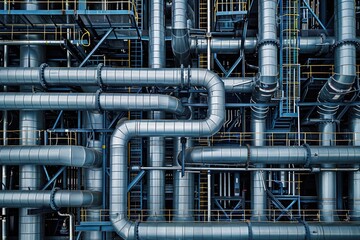 Wall Mural - Close-up of an industrial factory background at night, featuring machinery, steel structures, and urban cityscape elements