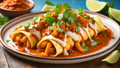 Wall Mural - Plate of seafood enchiladas topped with a rich chipotle cream sauce and garnir