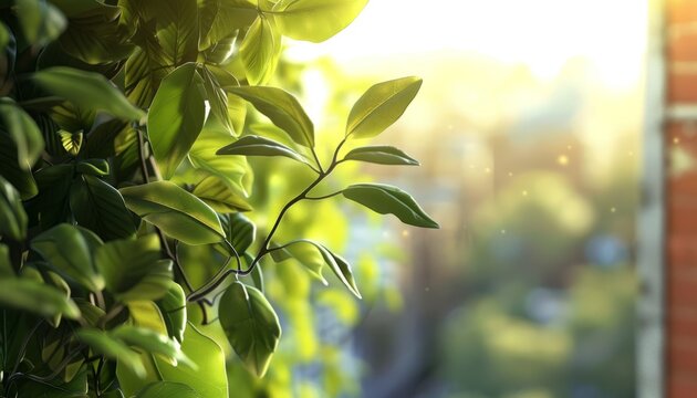 Green leaves shimmering under sunlight against an urban background landscape, merging natural beauty with the city environment