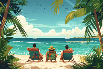 Three people relaxing on beach chairs under palm trees, with sailboats on the ocean. Flat vector illustration.