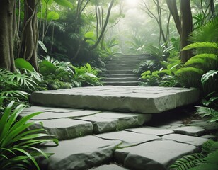 Wall Mural - Stone platform in tropical green forest 