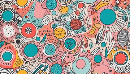 Wall Mural - Fun colorful doodle  pattern, graphic illustration