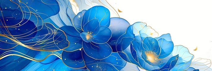 Asian background with blue and gold lotus flower, leaves and buds. Elegant floral minimalistic wallpaper, banner, poster. Oriental Chinese or Japanese style. Happy Vesak Day, Buddha Purnima