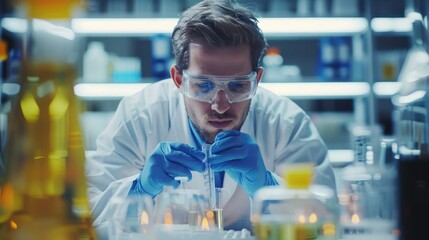 Poster - Research, experiment and medical trial being done by a scientist in a lab, science facility or hospital. One young, serious and professional researcher organizing, sorting or making a discovery