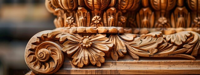 A close-up of a wooden block with intricate carving details.