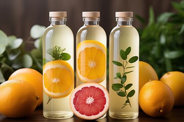 Wall Mural - Cosmetic bottles with oranges and grapefruits
