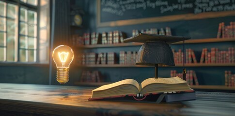 light bulb with graduation hat on an open book