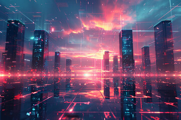 Poster - Virtual reality landscape with futuristic buildings and text spot