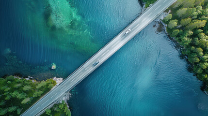 Wall Mural - Aerial top view of a bridge road with cars crossing over a vibrant blue lake in summer Finland, capturing the scenic beauty and connectivity of the region.