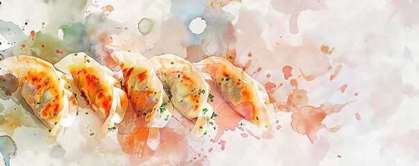 Wall Mural - Watercolor painting of delicious, golden brown dumplings.