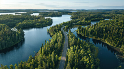 Wall Mural - Aerial view of a winding road cutting through lush green woods, flanked by serene blue lakes under the summer sun in Finland, highlighting the natural beauty.