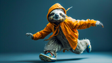 Wall Mural - Cute sloth wearing running suit and running shoes studio shot , Fantasy funny animal concept .