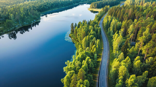 Bird's-eye view of a tranquil road meandering through vibrant green forests and alongside shimmering blue lakes in Finland, bathed in summer sunlight.