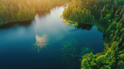 Wall Mural - Breathtaking aerial vista of Finland's summer scenery, with blue lakes and rich green forests glowing under the warm sunlight, seen from a drone's vantage point.