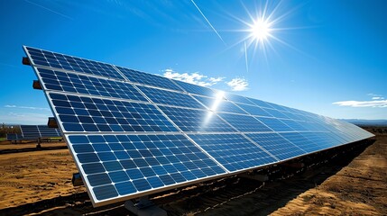 solar panels in a field, with a bright sun shining in the sky.