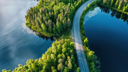 Captivating aerial photography of a road bordered by rich green woods and pristine blue lake waters, set against the backdrop of a sunny Finnish summer.