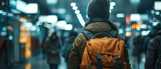 Traveler with orange backpack navigating through a busy, illuminated train station at night. Urban exploration and adventure concept.