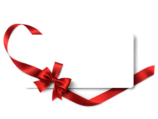 blank white gift card with red ribbon bow isolated on transparent background, png format