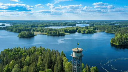 Wall Mural - Scenic aerial view of Aulanko Observation Tower with the Finnish flag, set amidst a beautiful summer panorama of blue lakes and verdant forests in Hameenlinna.