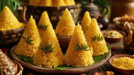 Wall Mural - Set of small cone shaped yellow rice known as Tumpeng mini