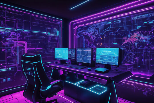 A computer room with neon lights and a chair. Cyber concept