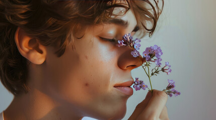 Wall Mural - Thoughtful young man holding a purple flower close to his face, inhaling its fragrance, with a simple wall backdrop, highlighting a peaceful and intimate scene.