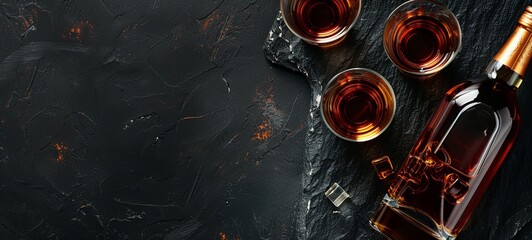 Wall Mural - A bottle of cognac and glasses on a black background. Brandy. View from above. place for text. 