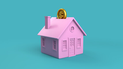 Wall Mural - Little pink house used as piggy bank with gold dollar coin 3D illustration home as an investment concept