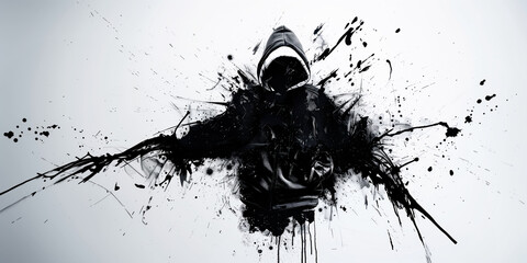 A street artist wearing a hood and mask creates graffiti art with spray paint on an urban wall in black and white.