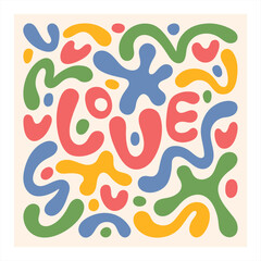 Aufkleber - Word LOVE with blobs, hearts, doodles, blots, bold lines, spots, wavy stripes, squiggles inscribed in a square. Groovy hippie 60s hand drawn illustration. Organic, liquid shapes. Print, poster design.
