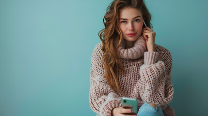 Wall Mural - Young smiling brunette Latin Full body fun young woman wear knitted sweater hold in hand use mobile woman wear casual cozy green knitted sweater, Generative AI