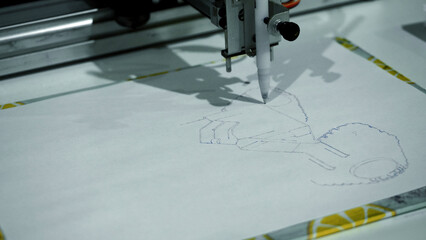 Poster - Automated machine draws image on paper. Media. Robotic machine that draws pictures with pencil. Artificial intelligence drawing with pencil