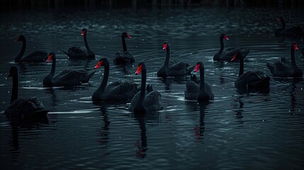 Wall Mural - Black Swans with Red Beaks Swimming in a Lake, Captured with a Mobile Phone Camera, Low Light Quality, High-Definition with Dark Tone