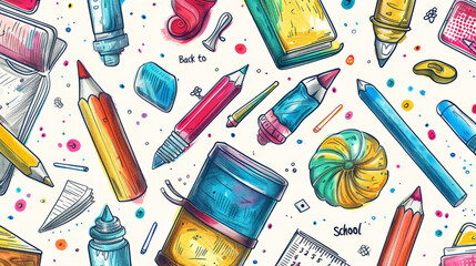 Wall Mural - seamless background pattern featuring a variety of colourful school supplies, including pencils, erasers, rulers, notebooks, and crayons,  with a cheerful and energetic 
